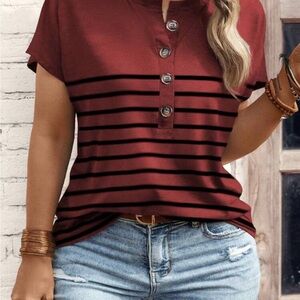 SHEIN Burgundy Striped Short Sleeve Top